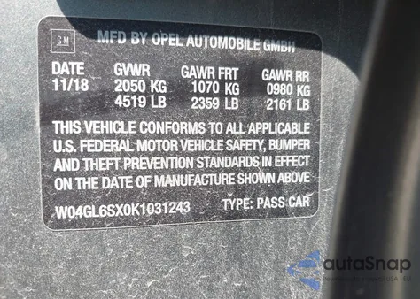 2019 Buick Regal Sportback Fwd Preferred из США, поврежденный, VIN W04GL6SX0K1031243